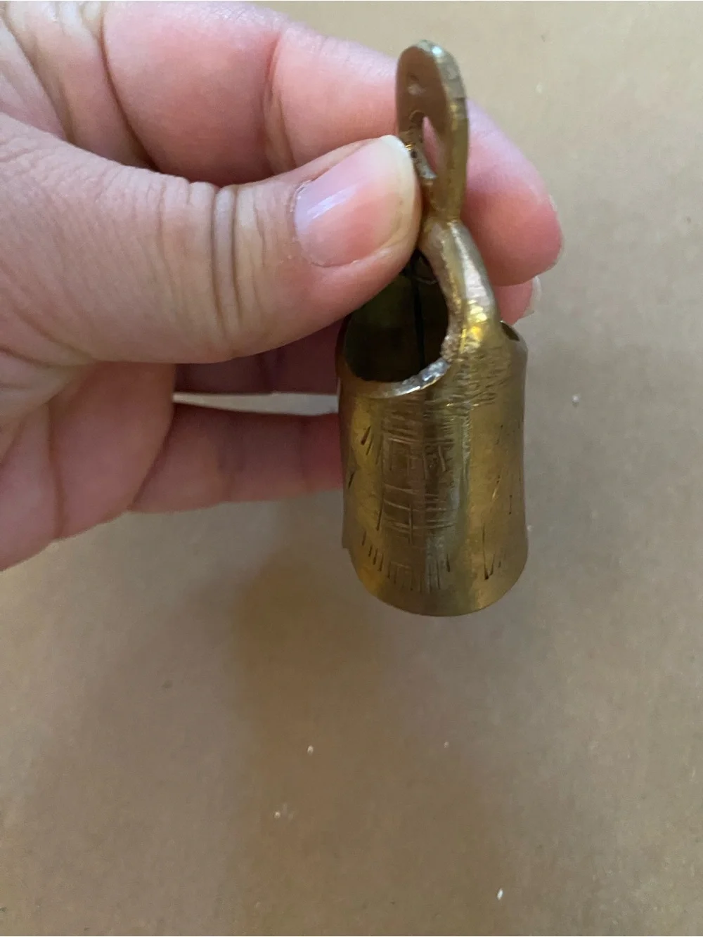 Brass Vintage gold Tone Bell etched, old, patina, Christmas bell Ange wing look
